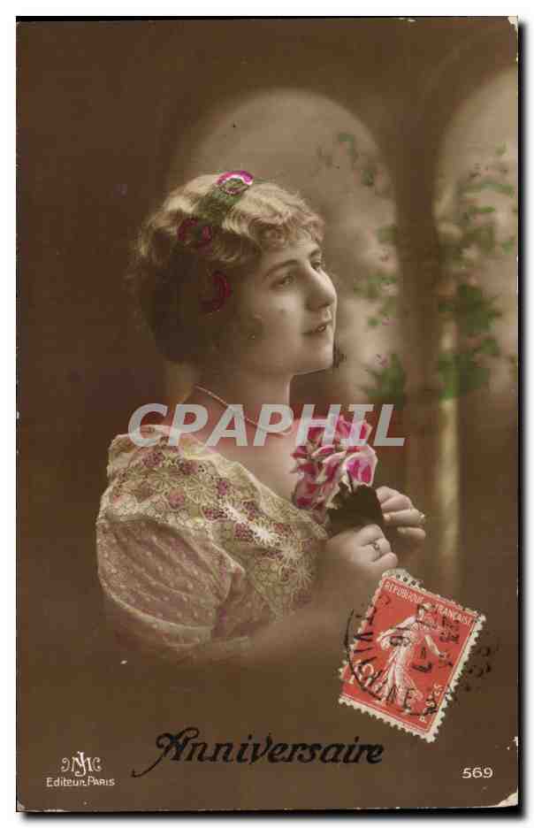 Femme tenant des fleurs — Anniversaire — Dime Editeur, Paris, n° 569