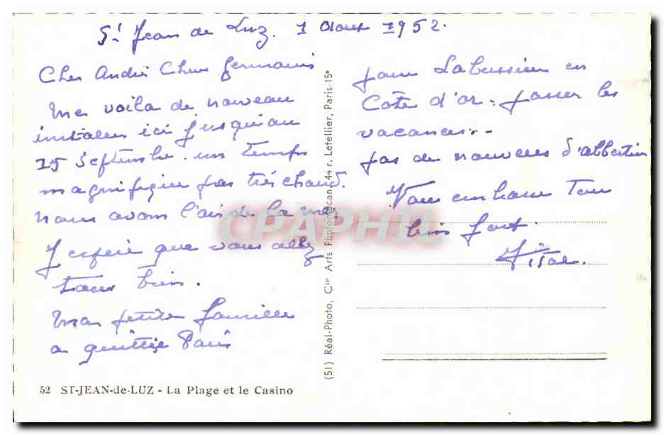 St Jean de Luz CPA la plage et le casino — Verso