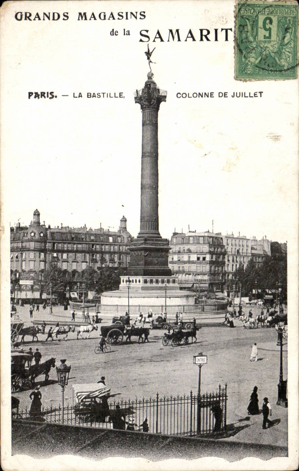 Paris CPA Place de la Bastille Colonne de Juillet Grands magasins de la Samaritaine