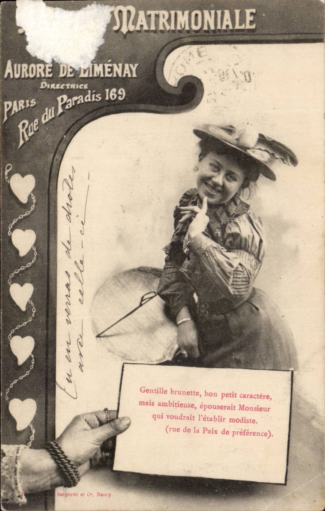 Aurore de Liménay — Carte matrimoniale — Bergeret et Cie, Nancy