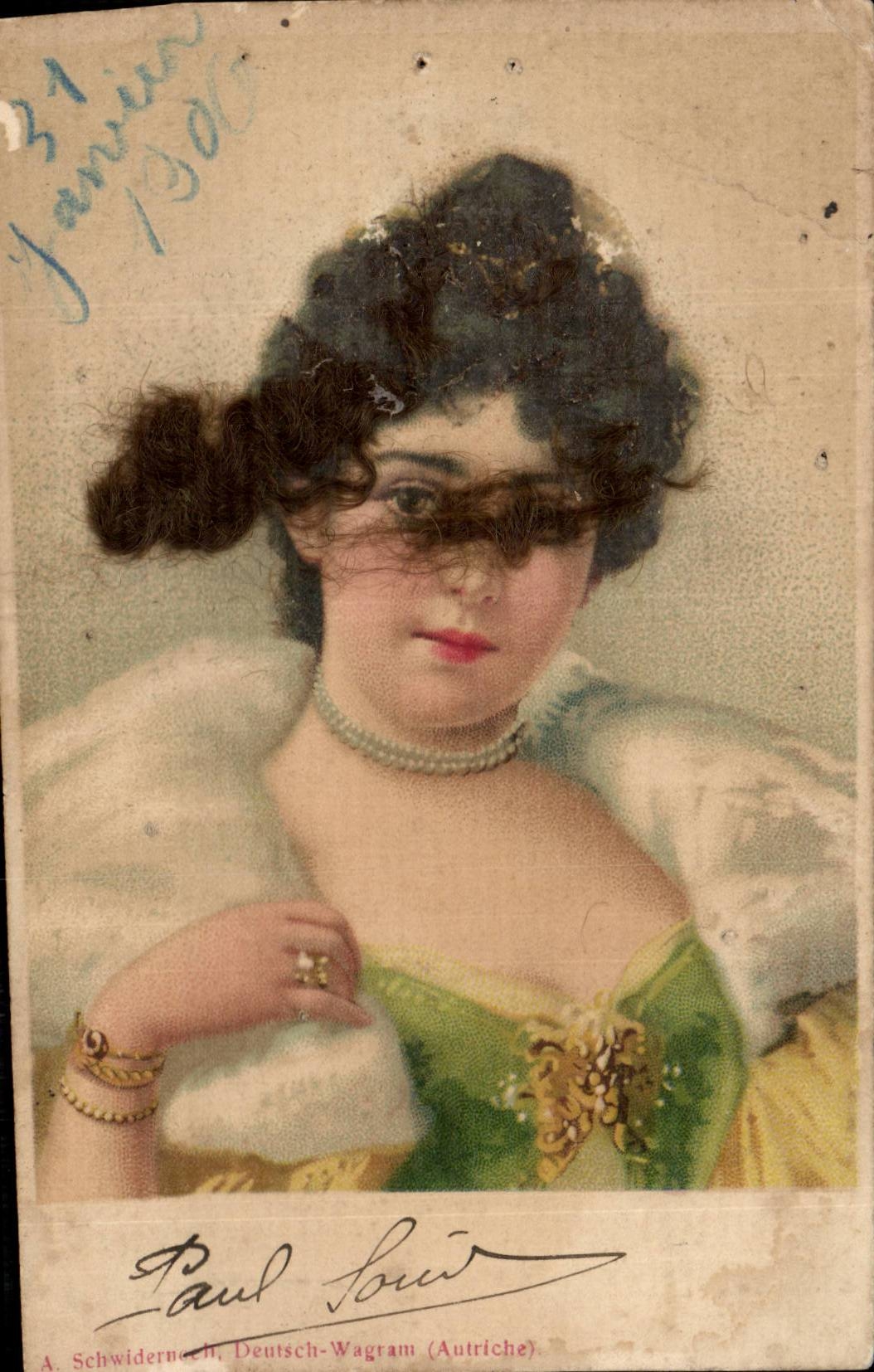 Jeune femme en robe verte — A. Schwidernech, Deutsch-Wagram (Autriche) — n° de série non visible
