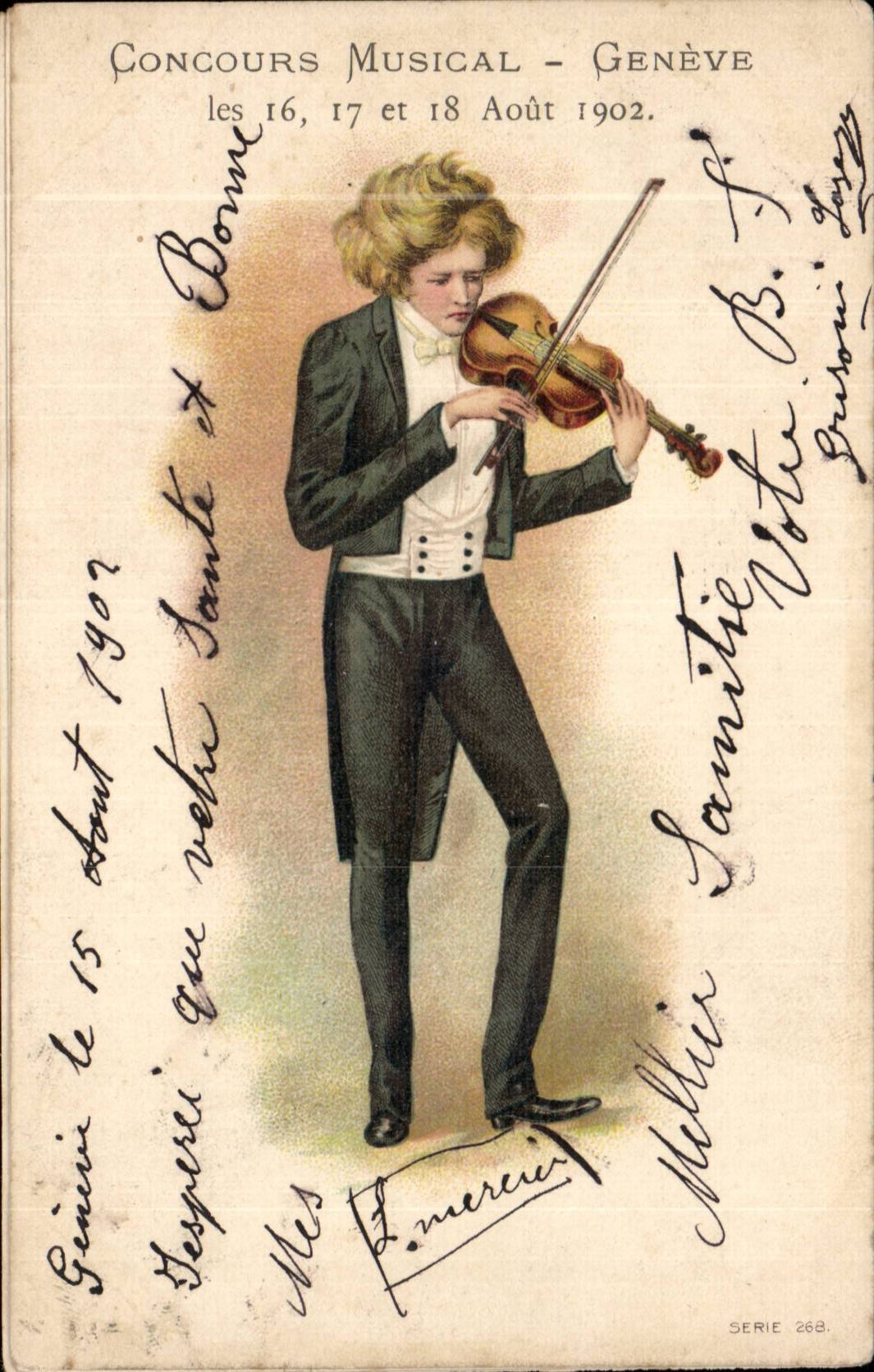 CPA FAntaisie Concorus Musical Geneve Aout 1902 Violon Musique