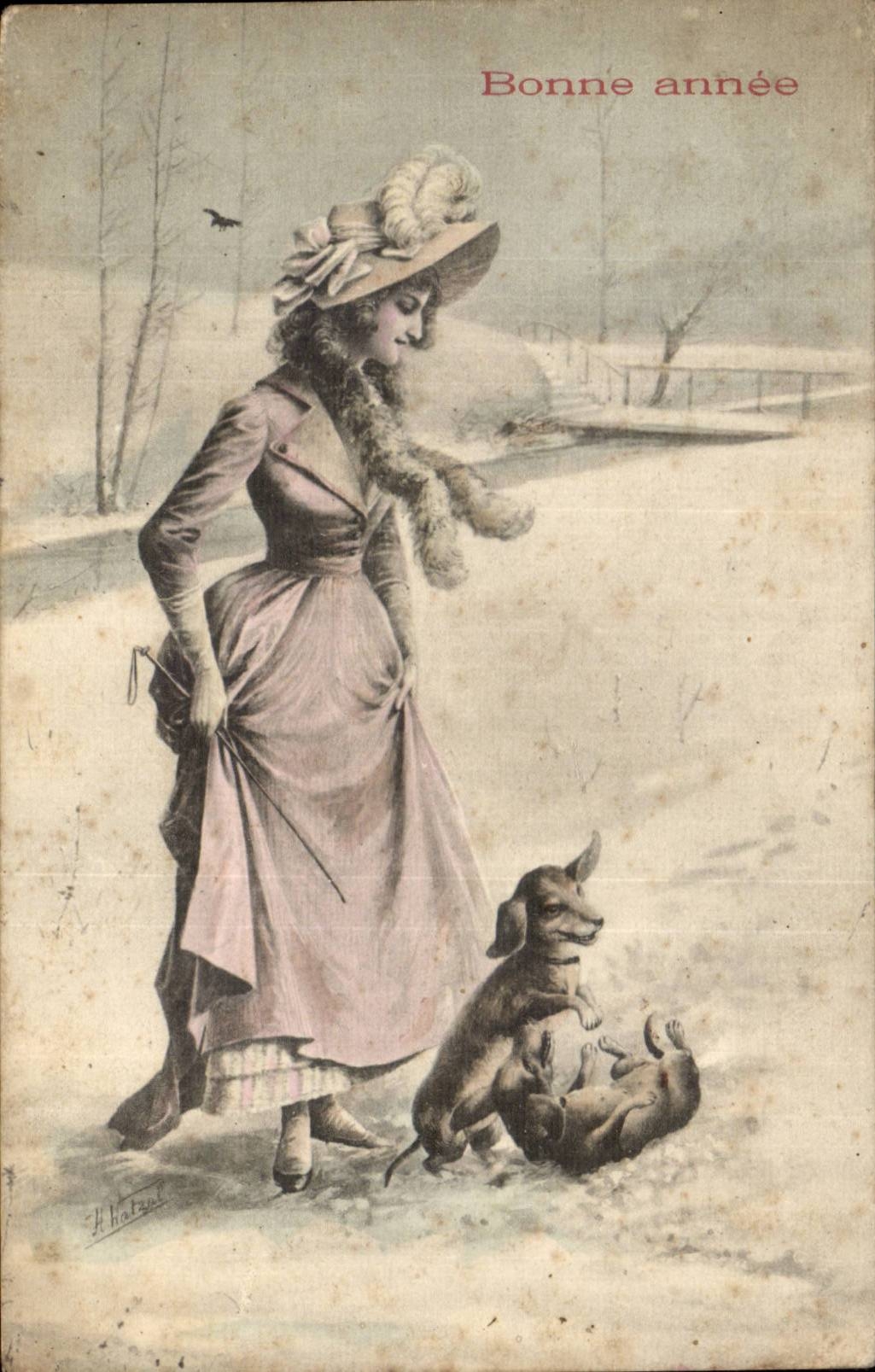 Mujer con dos perros — escena invernal — H. Hatrault, serie 345