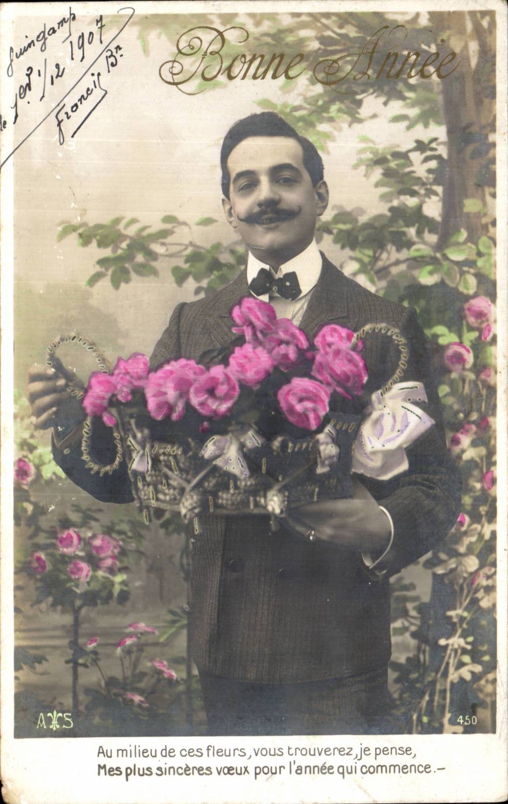 Homme avec bouquet de roses — Bonne Année 1904 — A.N.S. n°450