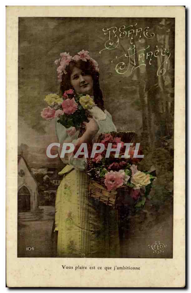 Jeune femme avec bouquet de fleurs — 'Vous plaîrez ce que j'ambitionne' — LEED, n°104