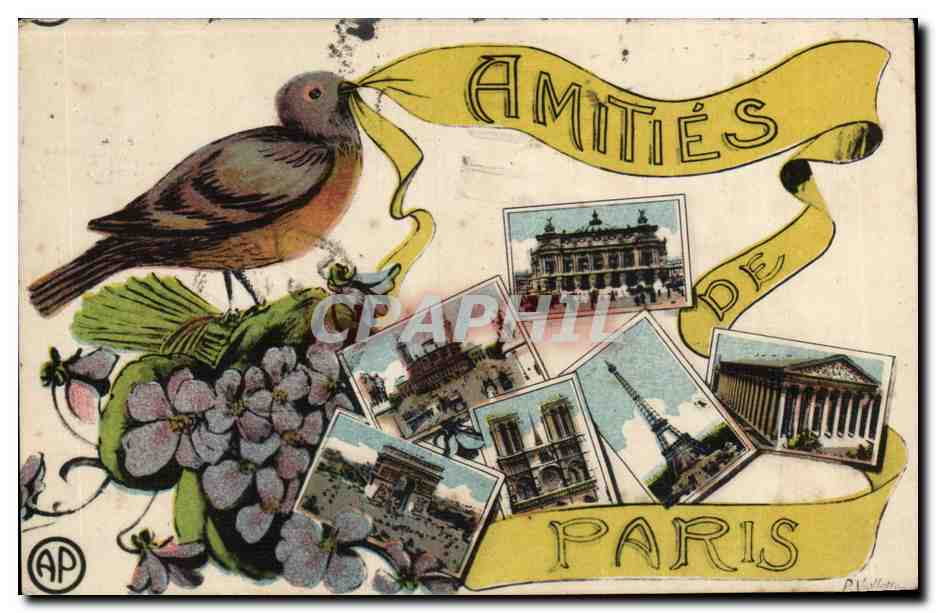 Paris CPA Amities de Paris Tour Eiffel opera Arc de triomphe Madeleine Trocadero
