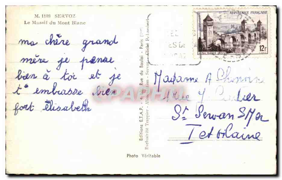 Le Massif du Mont Blanc — vue depuis un enclos en bois — Éditions E.T.A.P. Servoz, n° M.1103 — Reverso