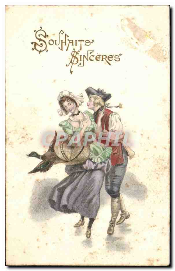 Jeune couple avec canard — Souhaits sincères — éditeur inconnu