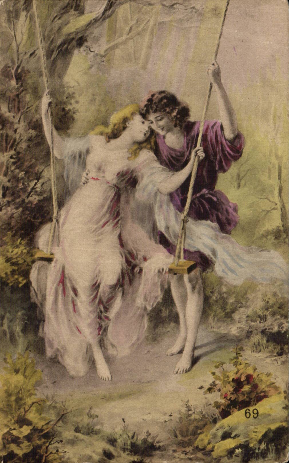 Fantaisie - Couple - Romantic couple swinging together - CPA 