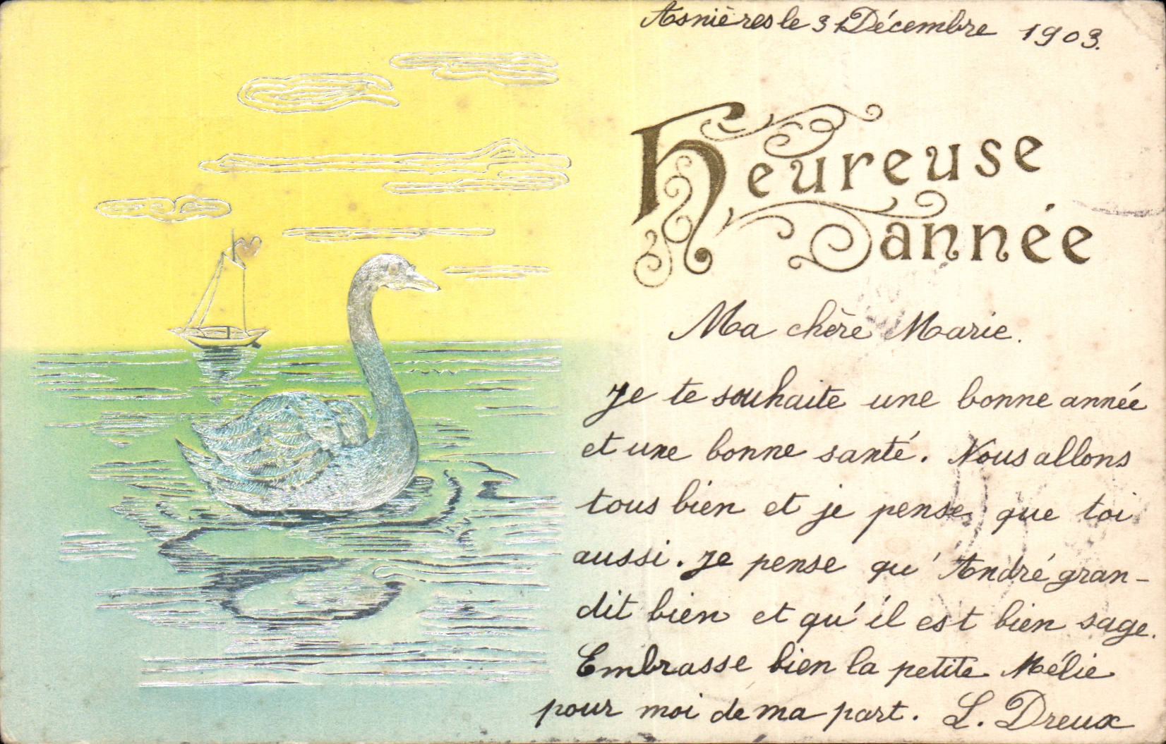 Fetes - Heureuse Annee - Cygne - bateau - boat - swan - CPA 