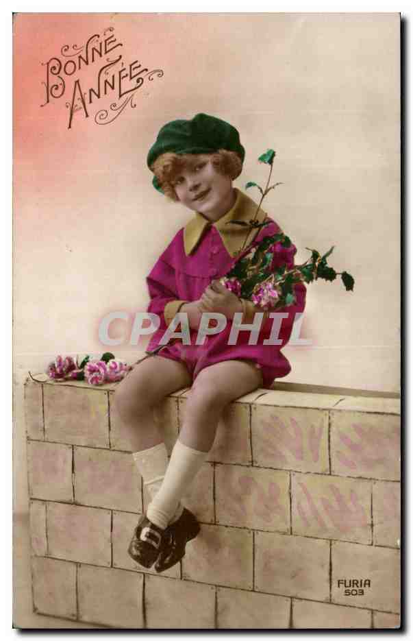 Fantaisie - Enfants - Bonne Annee - Little Girl sitting on a stone wall - CPA 