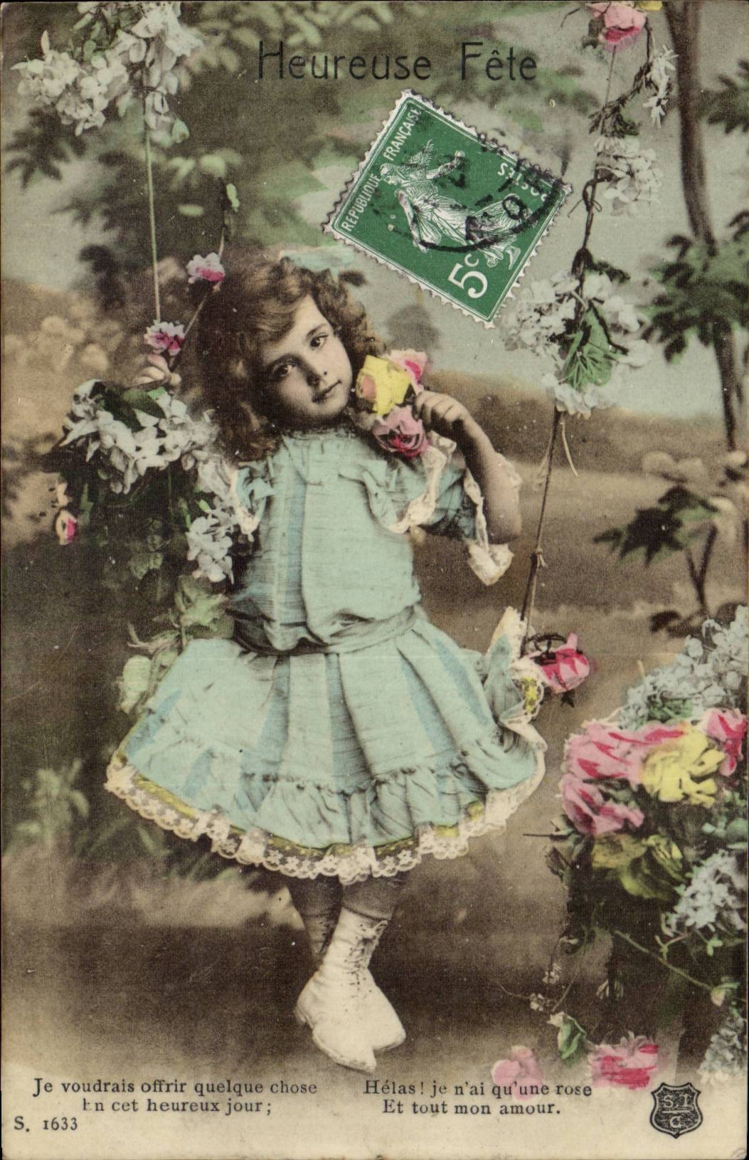 Fantaisie - Enfants - Bonne Annee - Little Girl on swing - CPA 