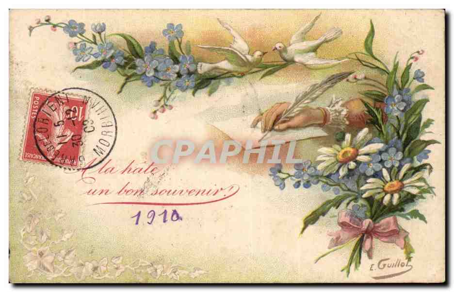 Fleurs - Flowers - lettre - oiseau - 1910 - doves - CPA 