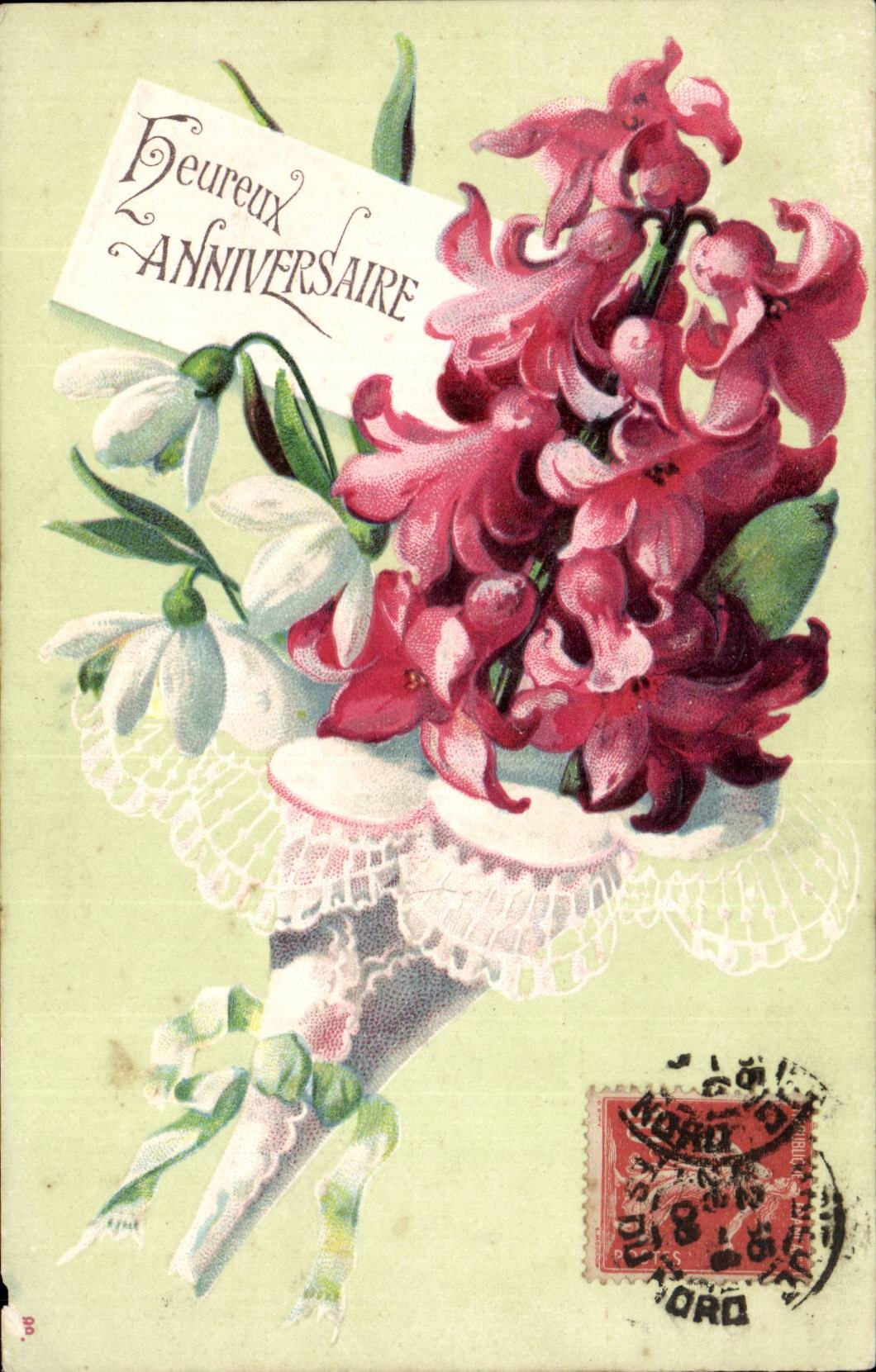 Fleurs - Flowers - muguet - lily of the valley - heureuse anniversaire - CPA 