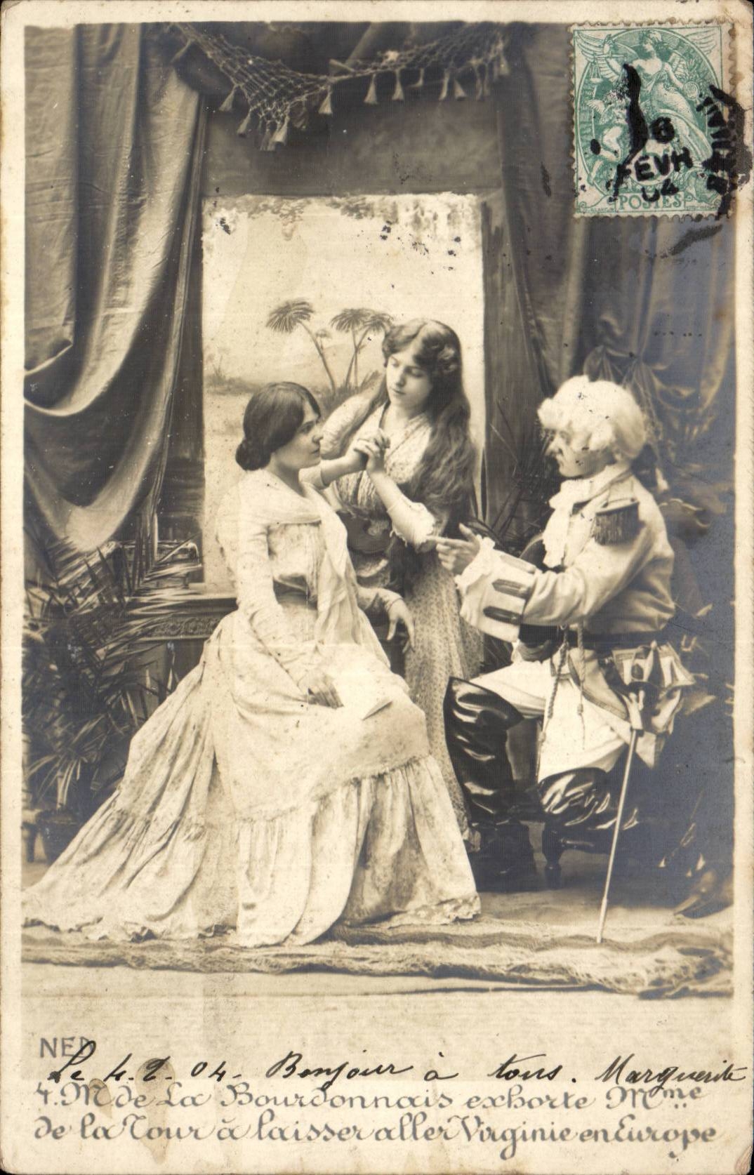 Scène de théâtre — Mme de La Bourdonnais exhorte Mme Virginie à partir en Europe — éditeur NED