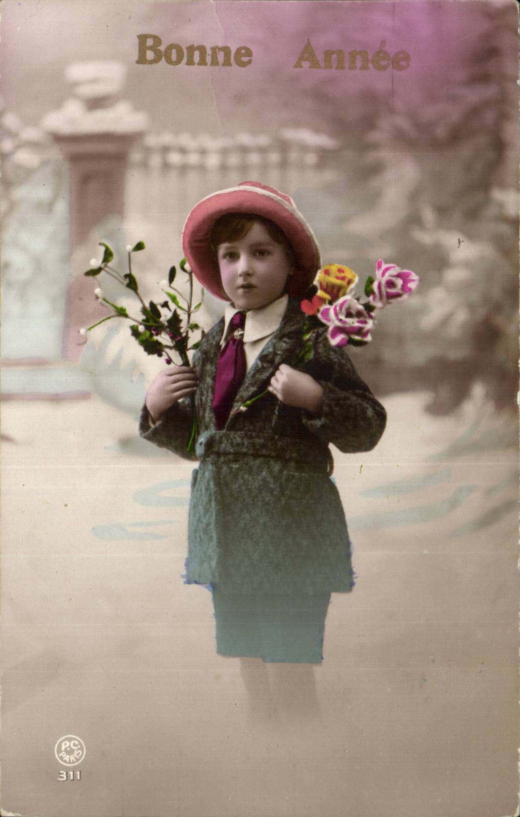 Fantaisie - Enfant - Little Boy with flowers - houx - holly - Bonne Annee - CPA 