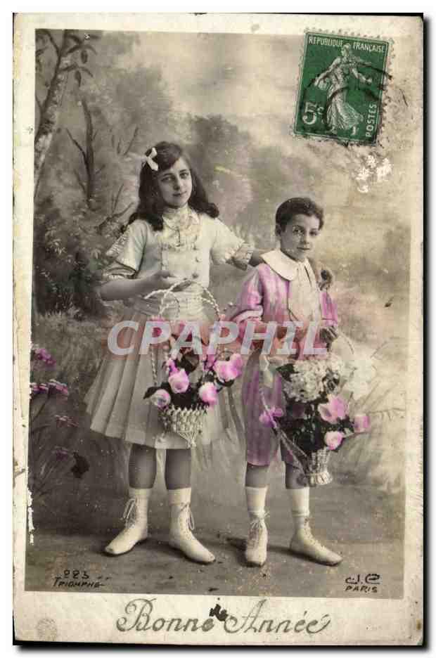 Fantaisie - Enfants - Bonne Annee - Children with baskets - CPA 