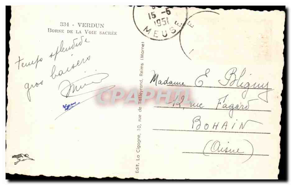 Borne de la Voie sacrée — Verdun — Édit. La Cigogne, 10, rue de Talleyrand, Reims — Reverso