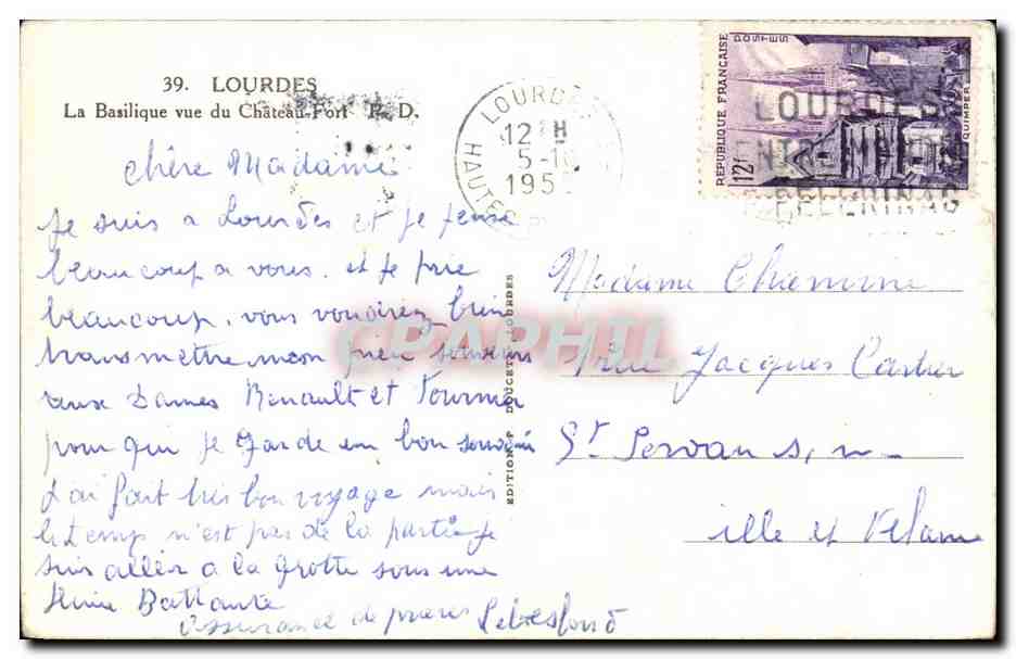 Lourdes - La Basilique - Le Chateau Fort - CPA  — Verso