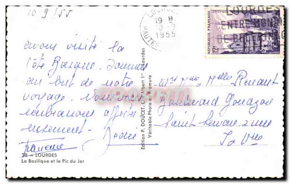 Lourdes - La Basilique - Pic du Jer - CPA  — Verso