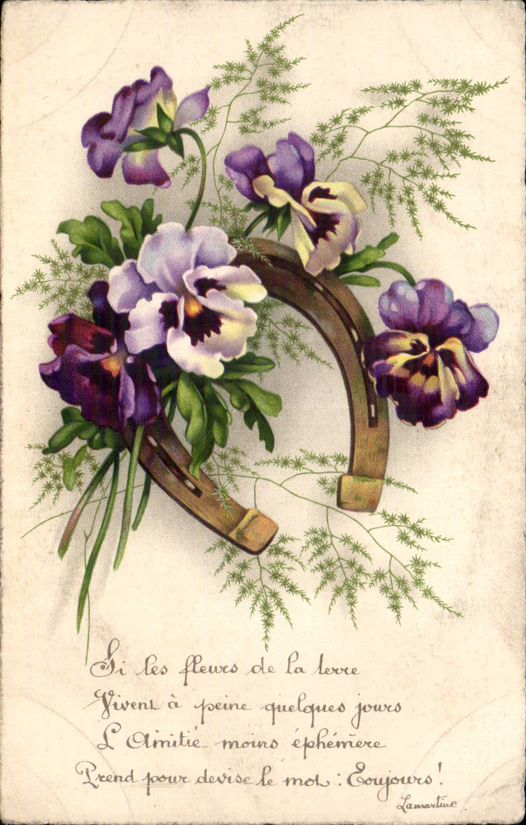 Fleurs - Flowers - Pensee - Pansy - Fer a Cheval - Horseshoe - CPA 