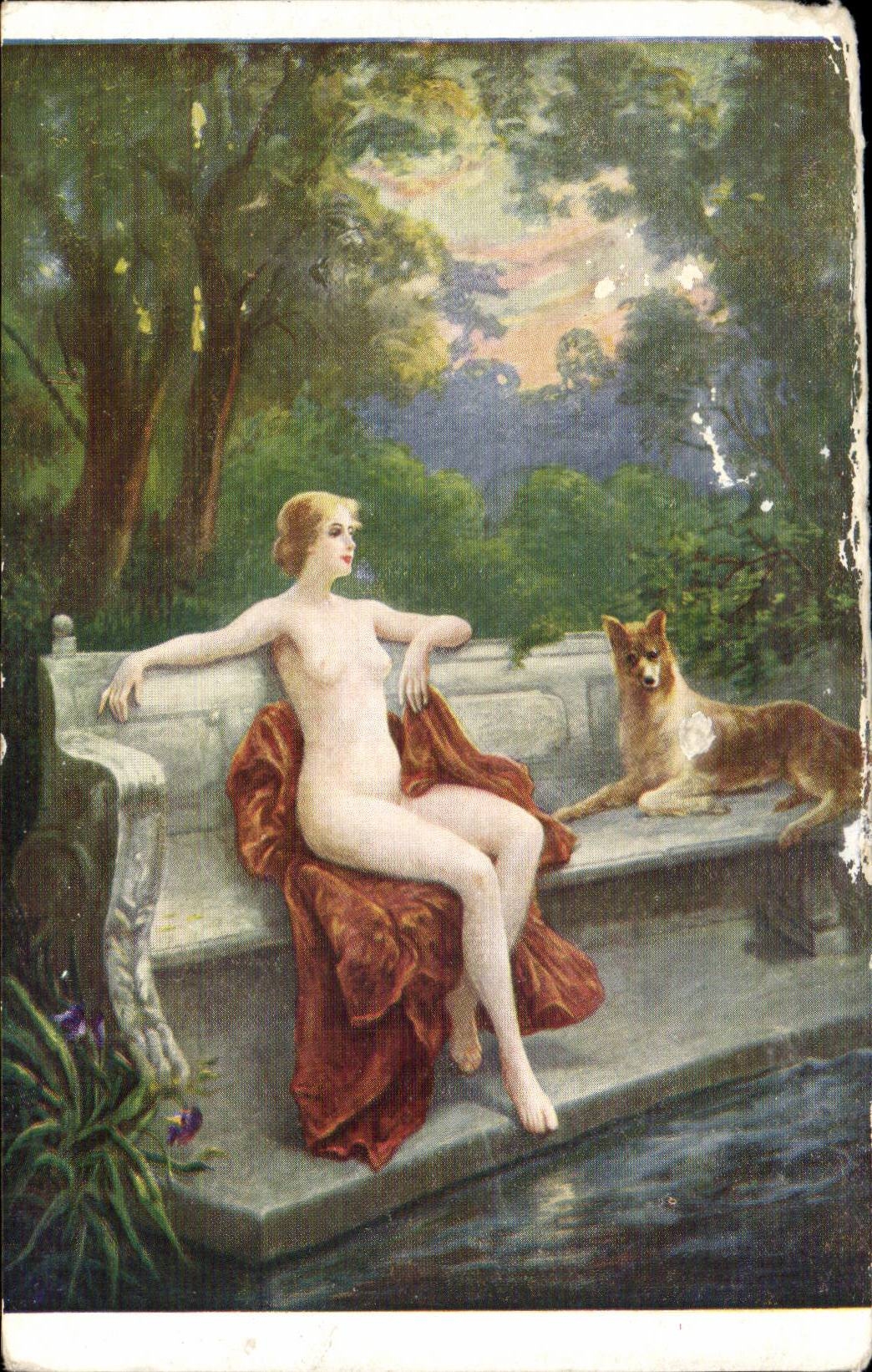 Fantaisie - Erotique - Nus - Femme et Chien - Nude woman and her dog - CPA 
