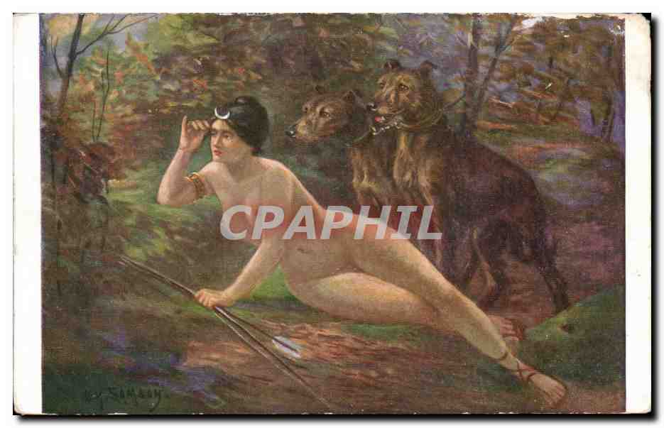 Fantaisie - Erotique - Nus - Femme - Chien - Nude goddess and her dogs - CPA 