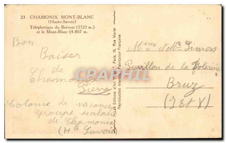 Téléphérique du Brévent — Mont-Blanc — Éditions d'Art Yv. Ghi — Verso