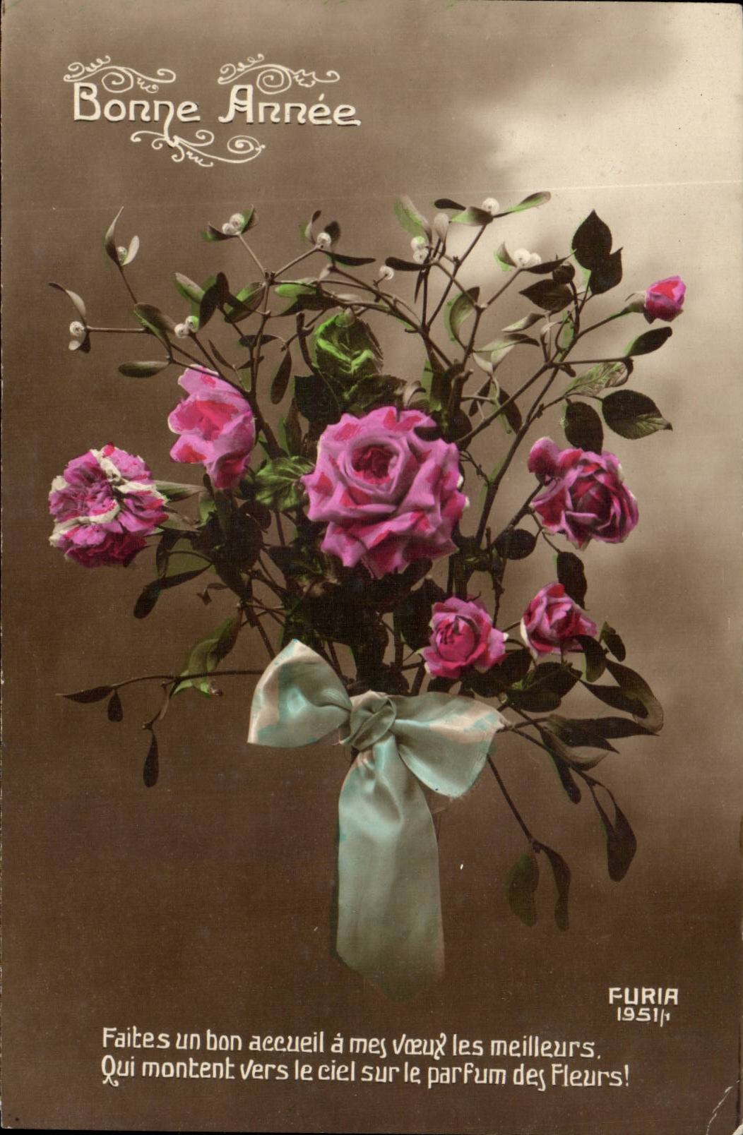 Fetes - Bonne Annee - Fleurs - Flowers - houx - holly - CPA 