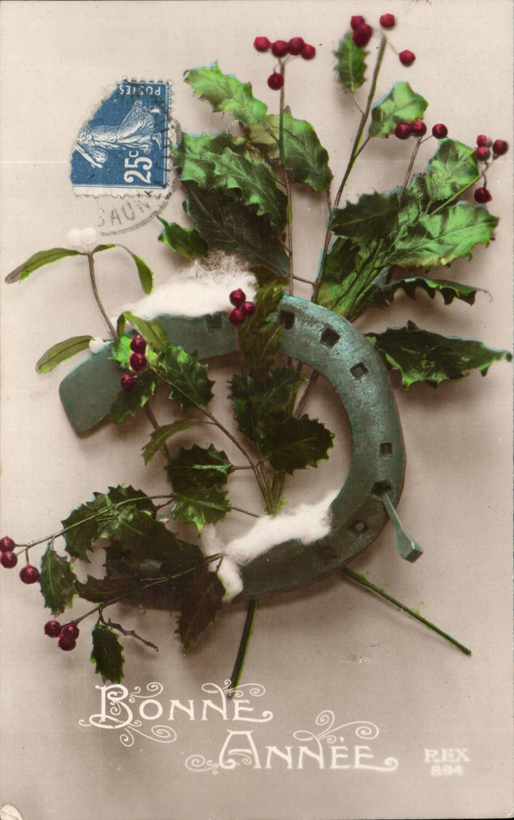 Fetes - Bonne Annee -houx - holly - fer a cheval - horseshoe - CPA 