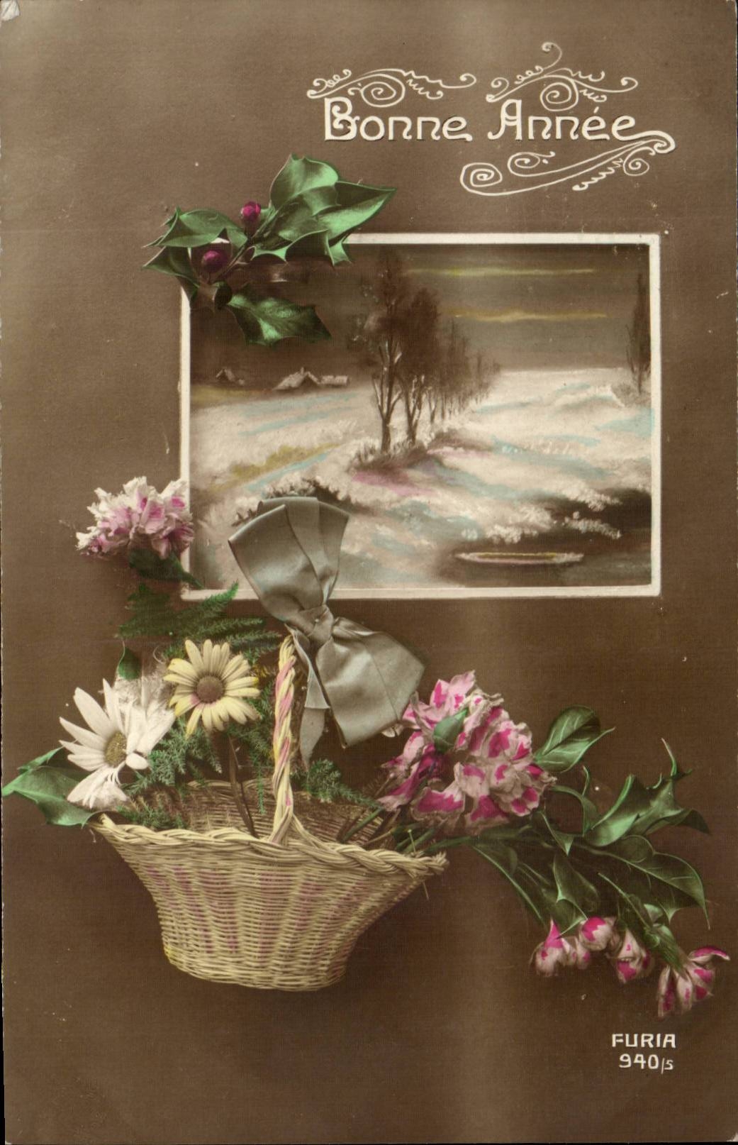 Fantaisie - Enfant - Bonne Annee - fleurs - flowers - CPA 