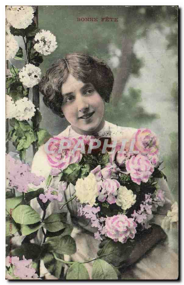 Fantaisie - Femme - Woman with carnations - CPA 