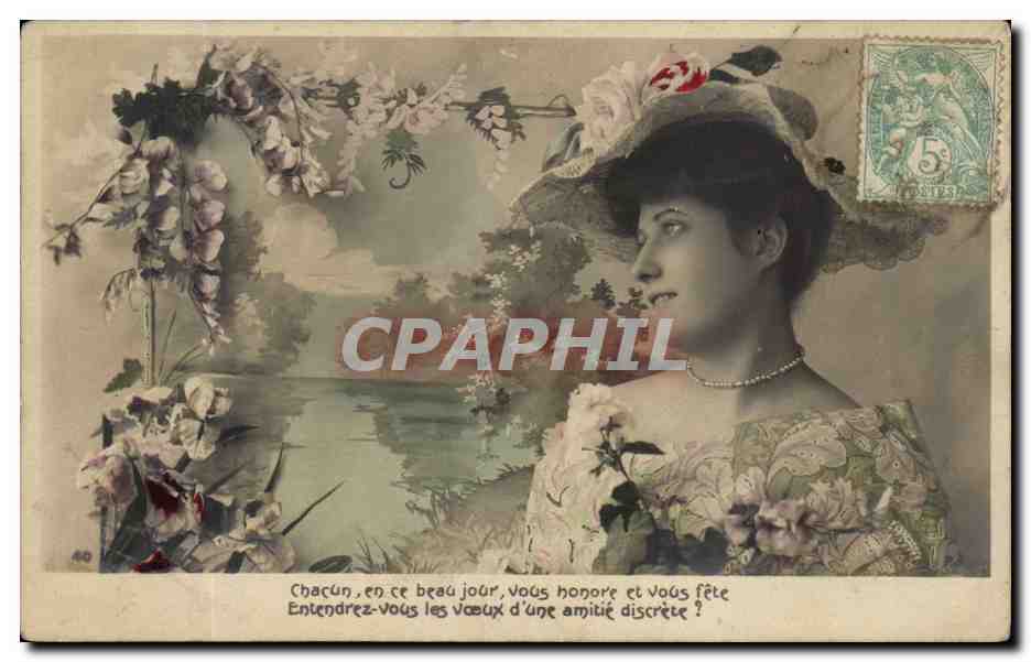 Femme en chapeau fleuri — paysage floral — éditeur non identifié, n° 60