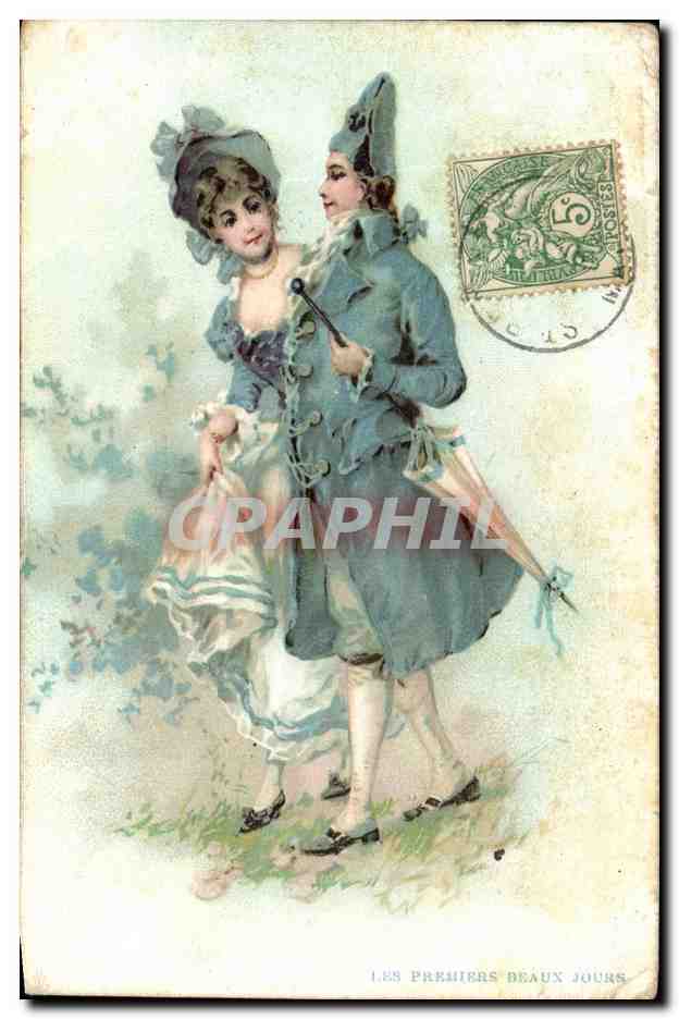 Fantaisie - Couple with noble clothing - blue tinge - CPA 