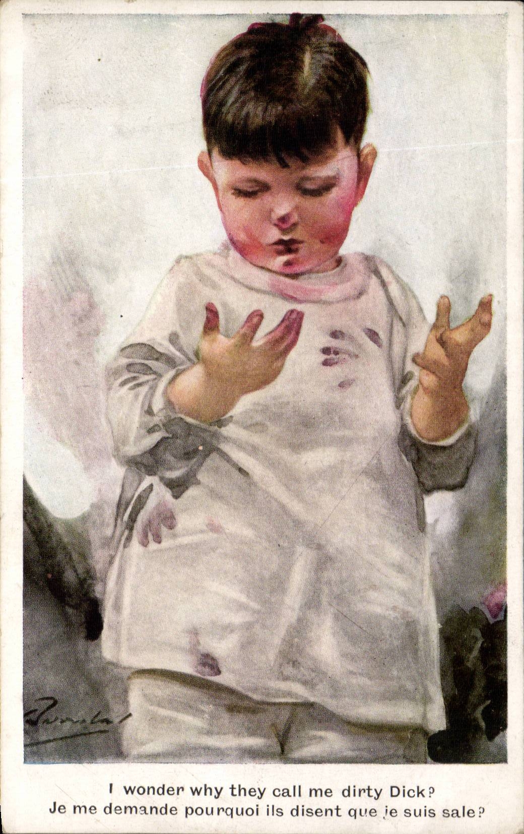 Fantaisie - Bebe- Sweet baby with dirty hands - CPA 