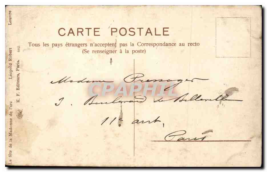 Fête de la Madone de l'Arc — Éditeur Léopold Robert, n° 882 — Verso