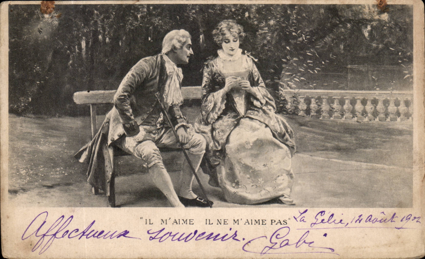 Scène de théâtre — 'Il m'aime, il ne m'aime pas' — La Gélie, 14 août 1902