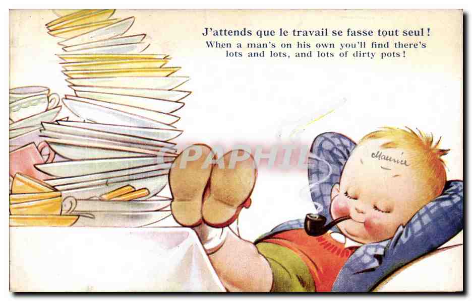 Fantaisie - Enfant - Humour - J'attends que le travail se fasse tout seul - CPA 
