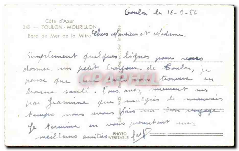 Toulon - Cote d'Azur - Toulon - Mourillon - Bord de Mer de la Mitre - CPA  — Verso