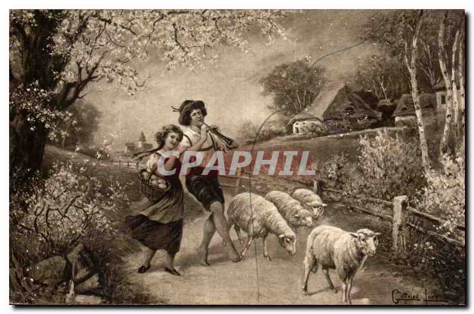 Fantaisie -- Couple - Beregere - mouton- instrument - musique - shepherdess - music - sheep - CPA 