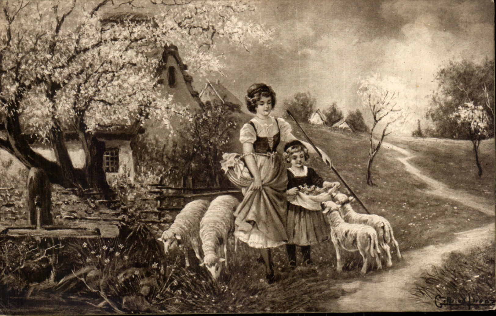 Fantaisie -- Femme - Beregere - Enfant - mouton- shepherdess - sheep - CPA 