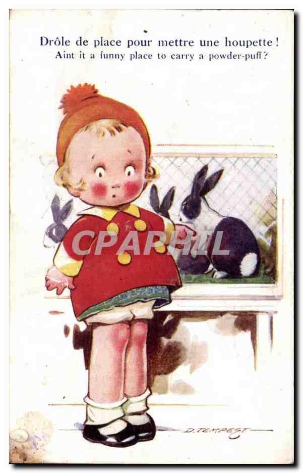 Fantaisie - Enfant - lapin - rabbit - Funny Place for a powder puff - Drole de place pour mettre une houpette - CPA 