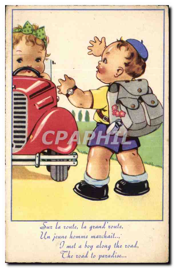Fantaisie - Enfant - Sur la route - chubby doll style - automobile - CPA 