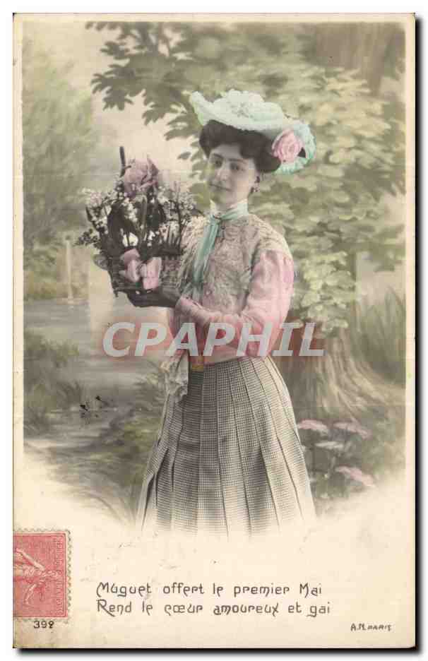 Femme tenant un bouquet de muguet — A.M. MARIS, n° 398
