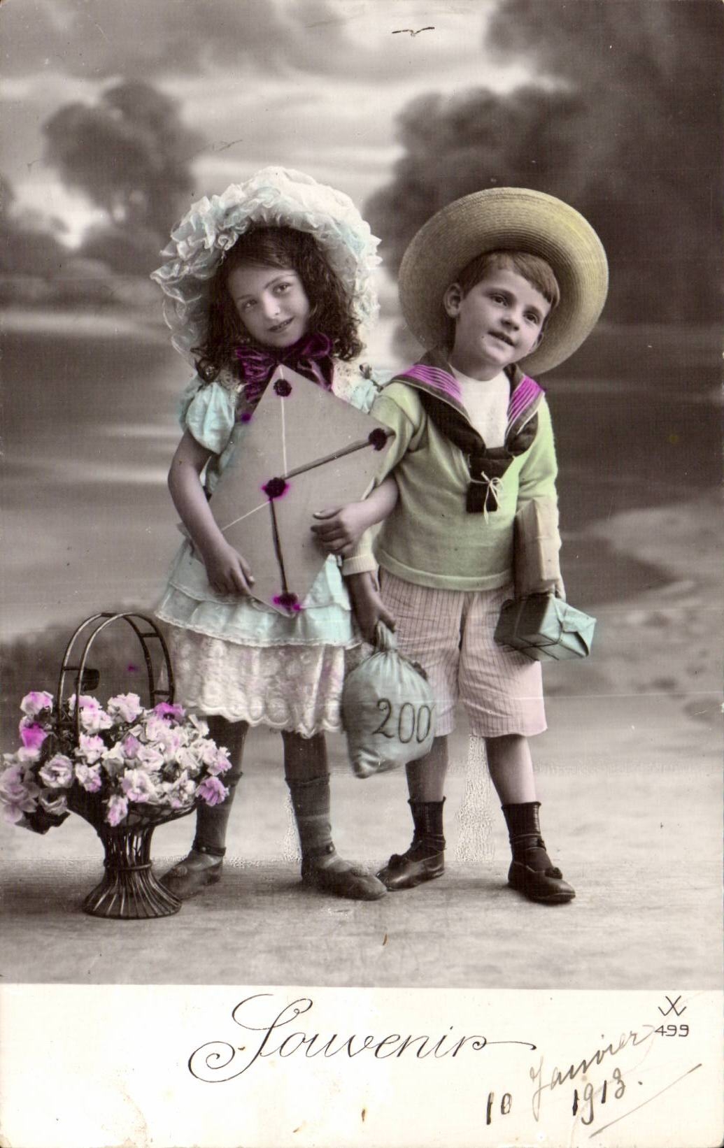 Fantaisie - Enfants - darling children with letter - CPA 