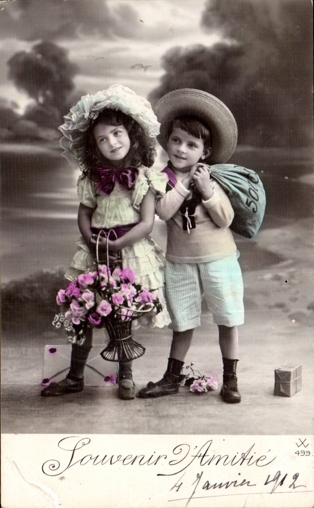 Fantaisie - Enfants - darling children with hats - CPA 
