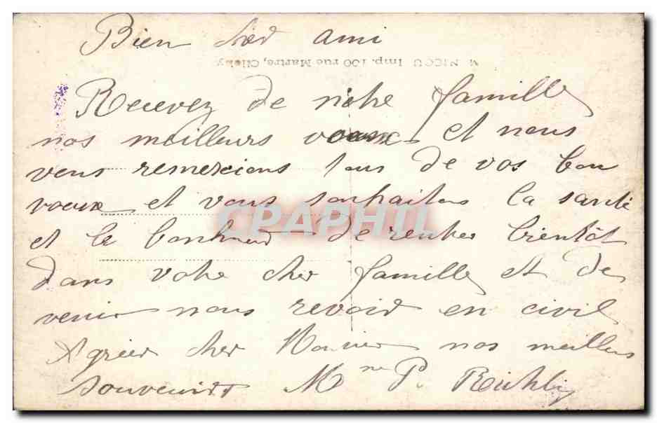 Jeune femme en robe claire — carte de vœux — éditeur M. NICOL, IMP. 100 RUE MARIE, CHALY — Rückseite