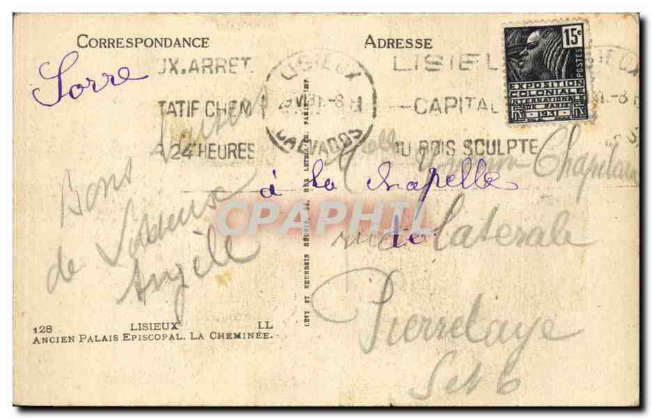 CPA Lisieux Ancien palais episcopal La cheminee — Verso