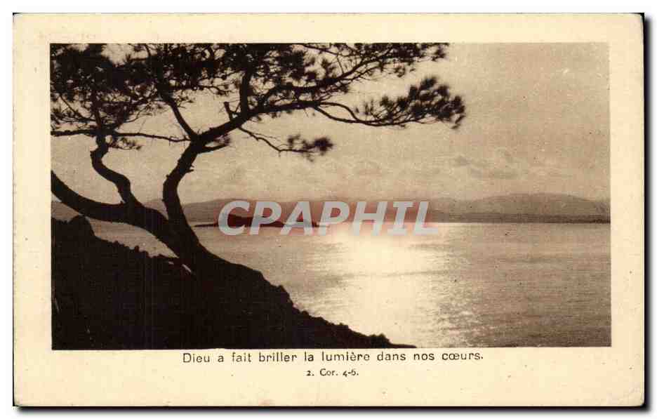 Paysage marin avec pin — texte biblique — Cliché Ca. Moson, Édition du Comité National
