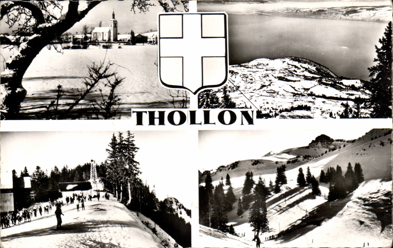 Thollon — vue de la ville, lac, montagnes et skieurs — Éditions J. Le Llard, Thollon